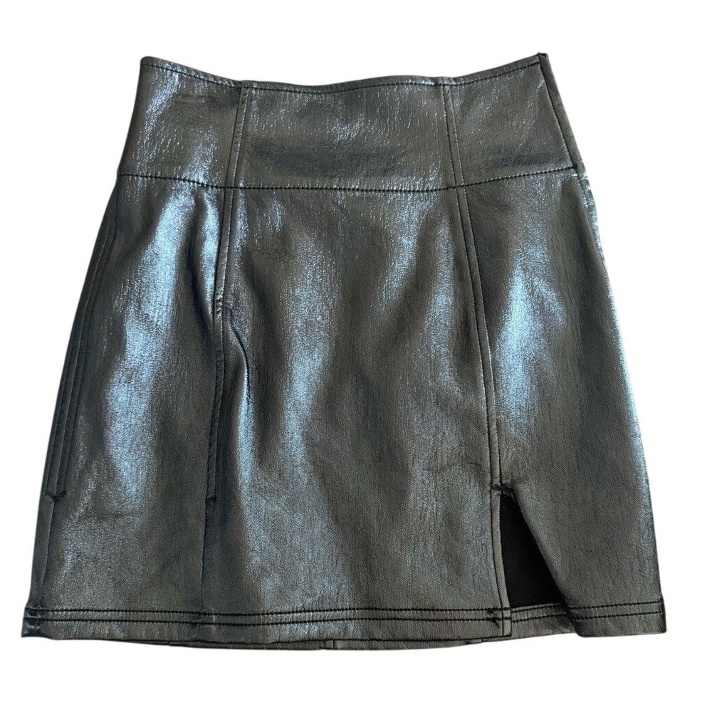 Free People Pleather Skirt Women 4 Black Mini Faux Leather High Waisted Slit